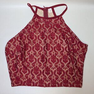 Alya Burgundy Lace Halter Crop Top with Half Zip Back Small/Medium - NWOT
